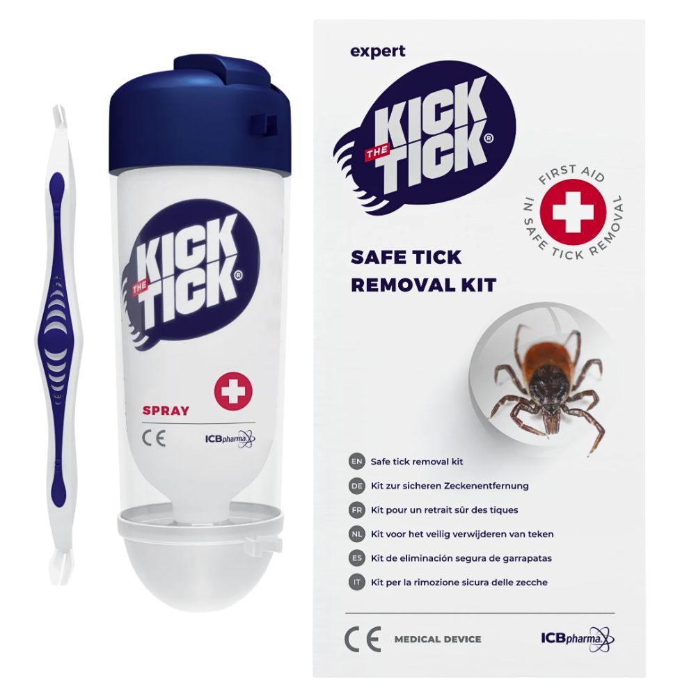 Zeckenentferner-Set. Enthält Spray, Zeckenzange und Verpackung. Aufdruck: Kick the Tick, Erste Hilfe.