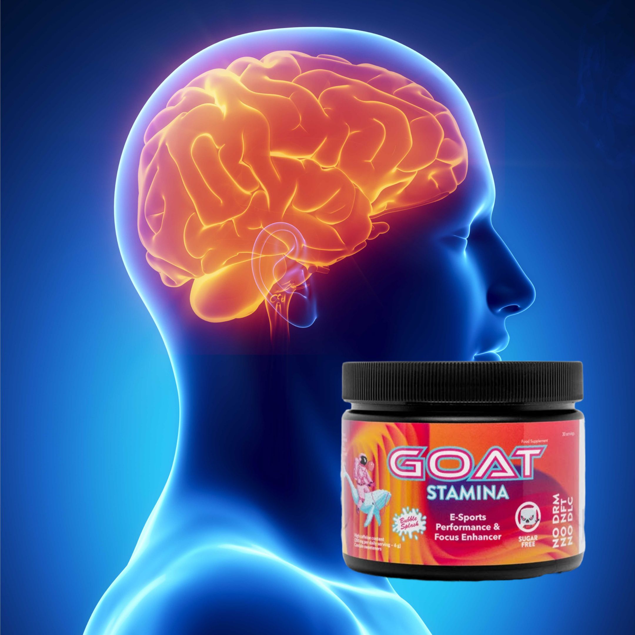 Kopf mit blauem Umriss und hervorgehobenem Gehirn. GOAT Stamina-Dose mit schwarzem Deckel und orangefarbenem Etikett.