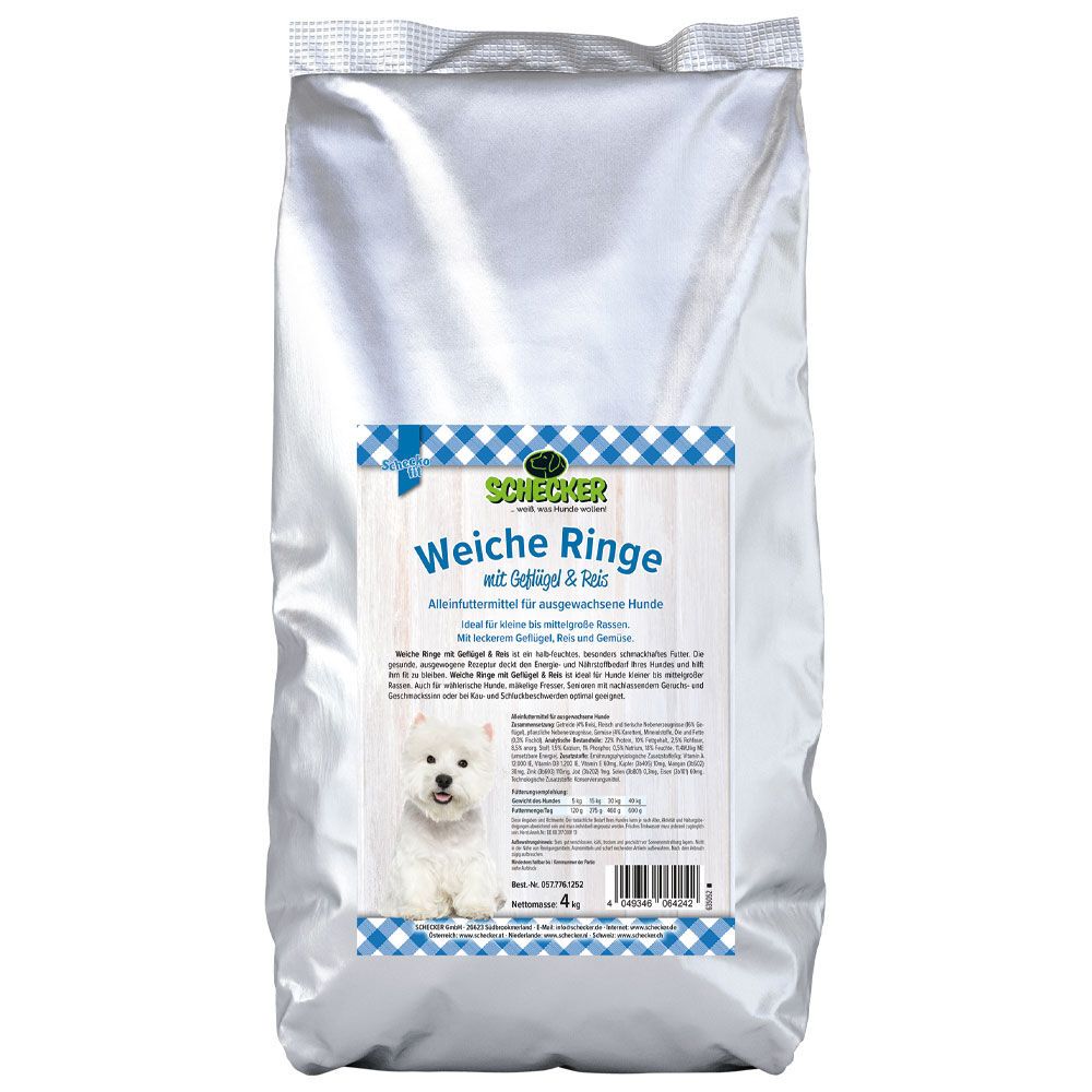 Schecker Weiche Ringe Trockenfutter-Beutel mit Geflügel & Reis. Weißer Beutel mit Produktinformationen und einem Hund. 4 kg.