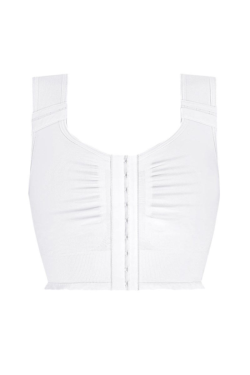 Weißer BH mit Frontverschluss und breiten Trägern. Gerippter Bund.