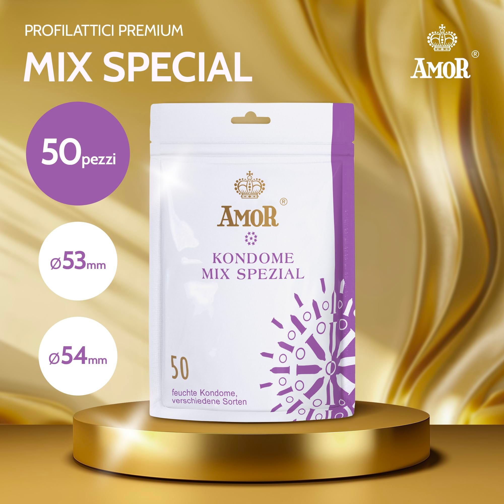 AMOR Mix Special Kondome 50er Packung, mit Größenangaben Ø53mm und Ø54mm.