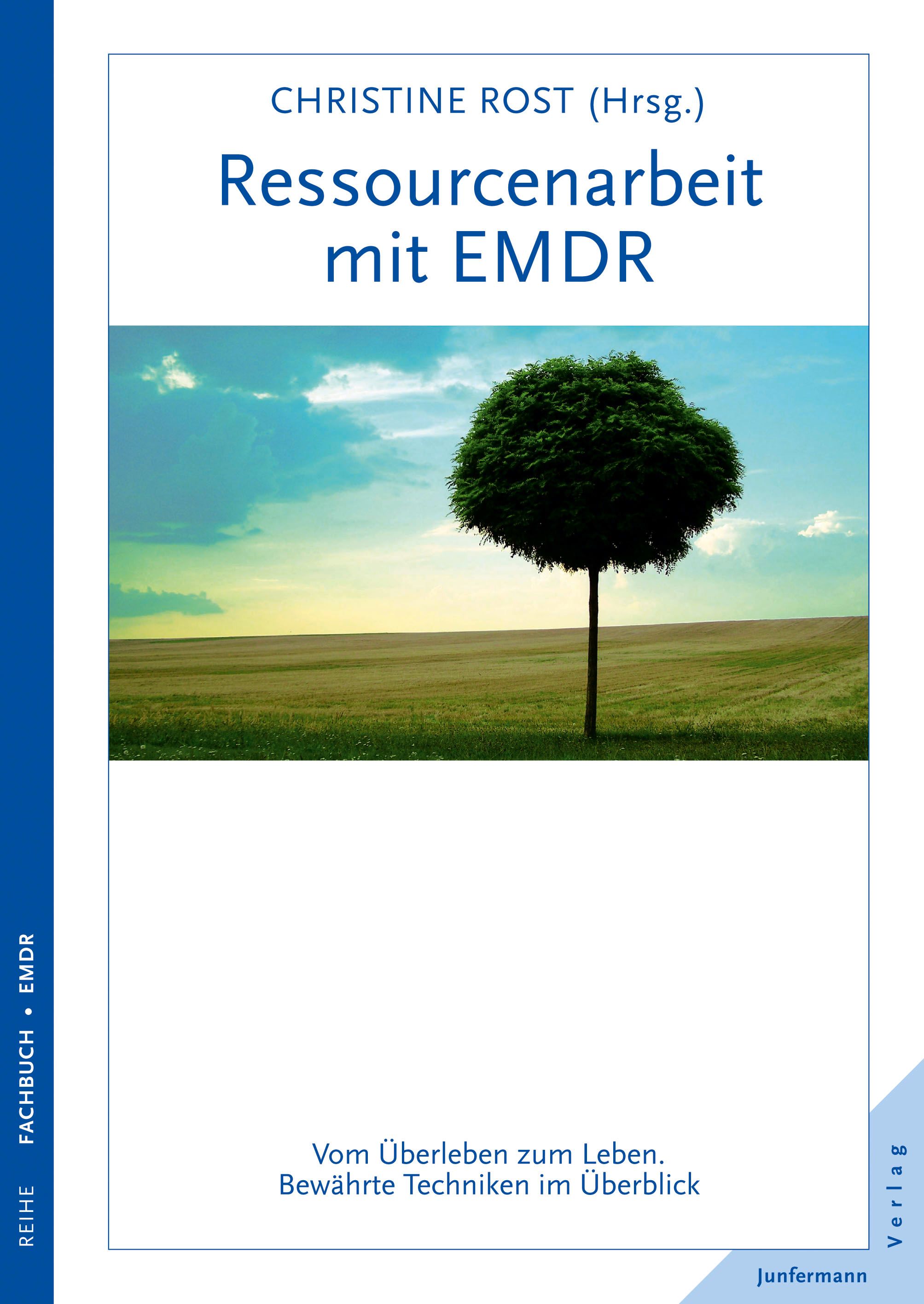 Buchcover mit Titel: Ressourcenarbeit mit EMDR. Autorin: Christine Rost. Im Hintergrund: Baum vor Himmel und Feld.