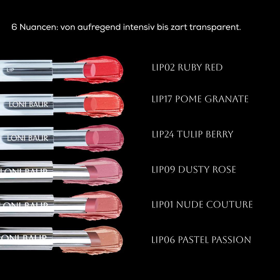 Sechs Lippenstifte in verschiedenen Farben. Auf jedem Lippenstift steht LONI BAUR. Die Farben sind benannt.