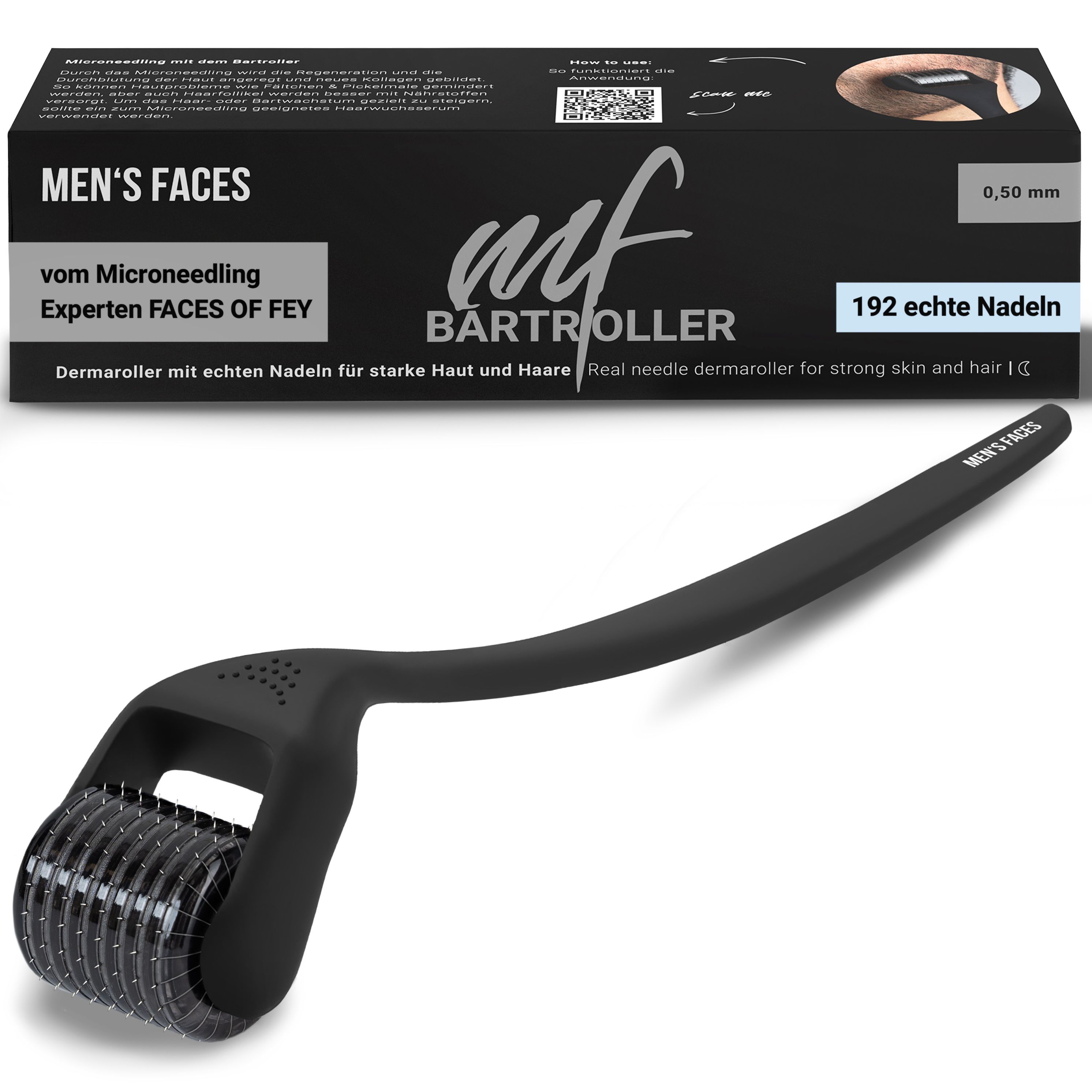MEN'S FACES Bartroller mit 192 Nadeln, 0,5 mm. Schwarze Verpackung mit Produktinformationen. Echtes Microneedling für Haut und Haar.