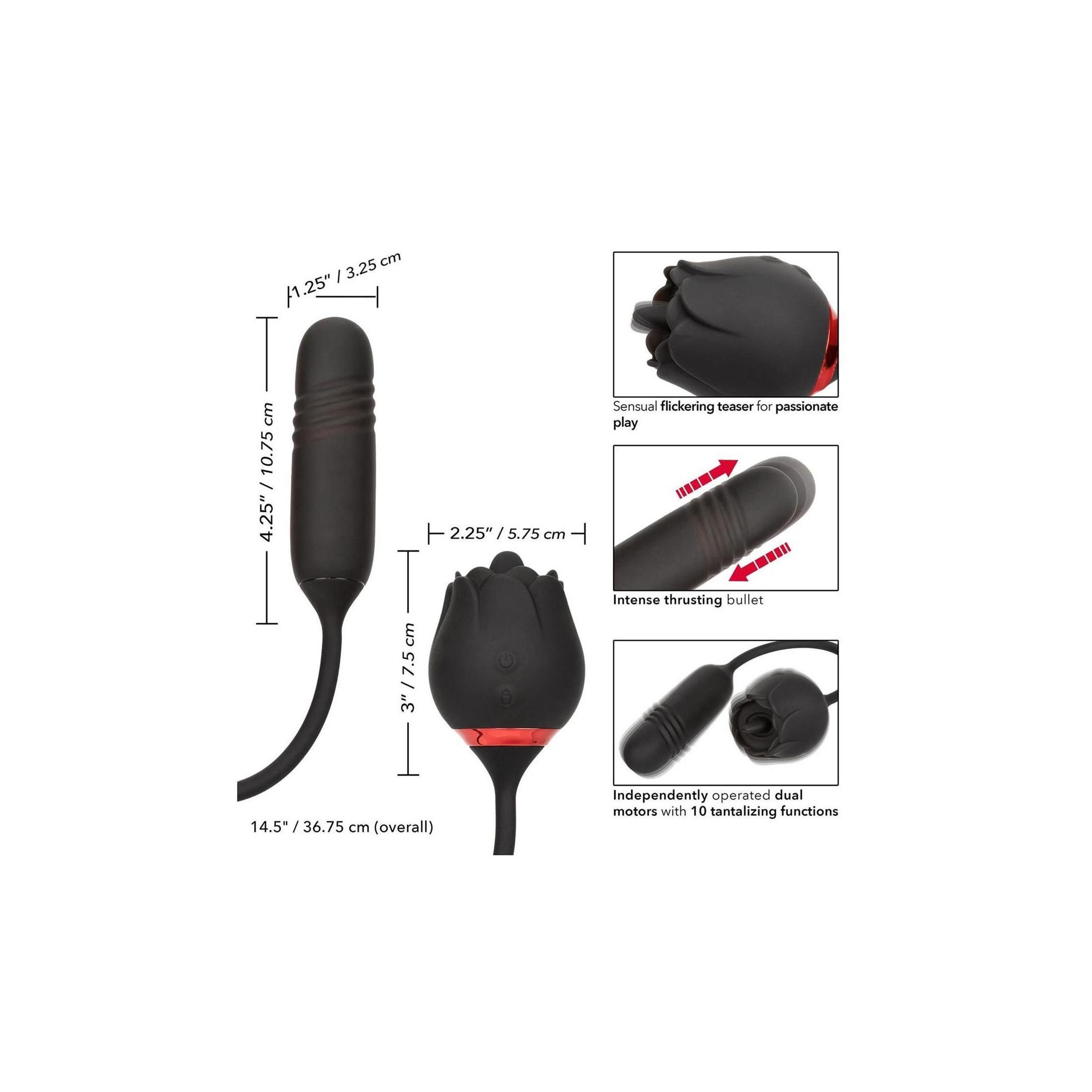 Schwarzes Wellness-Produkt mit Rosenkopf und Vibrator. Abmessungen: 14,5/36,75 cm (gesamt). Details mit Maßen in cm.