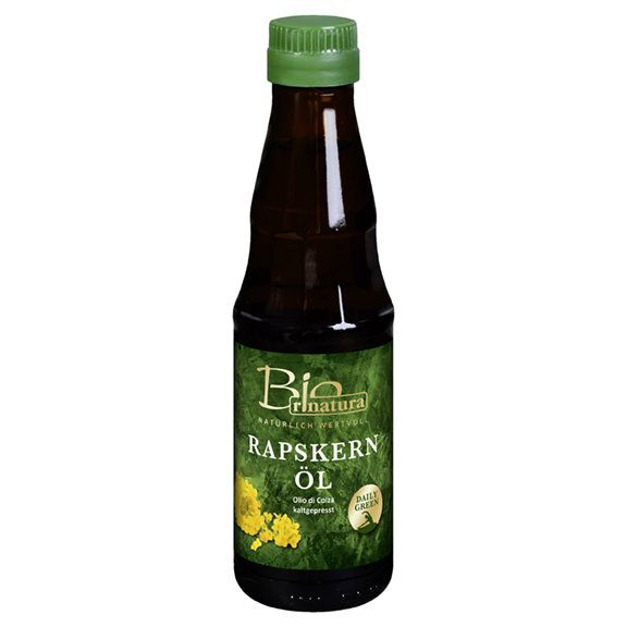 Braune Glasflasche mit grünem Deckel. Auf dem Etikett steht "Bio Rinatura Rapskern Öl".