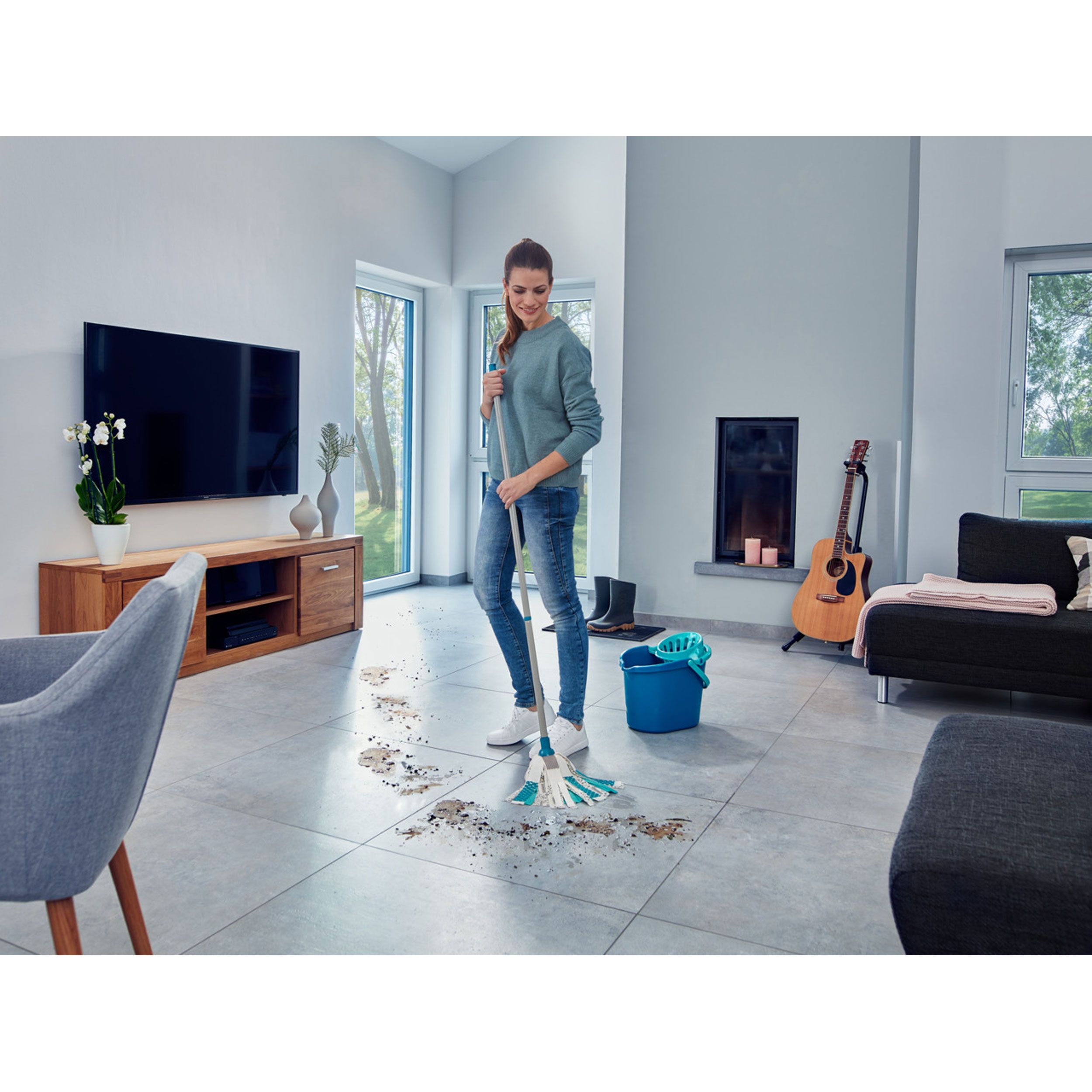 Leifheit Wischmopp Power Mop 3in1 Telescope, Bodenwischer mit Stiel, Kunststoff, Blau, Weiß