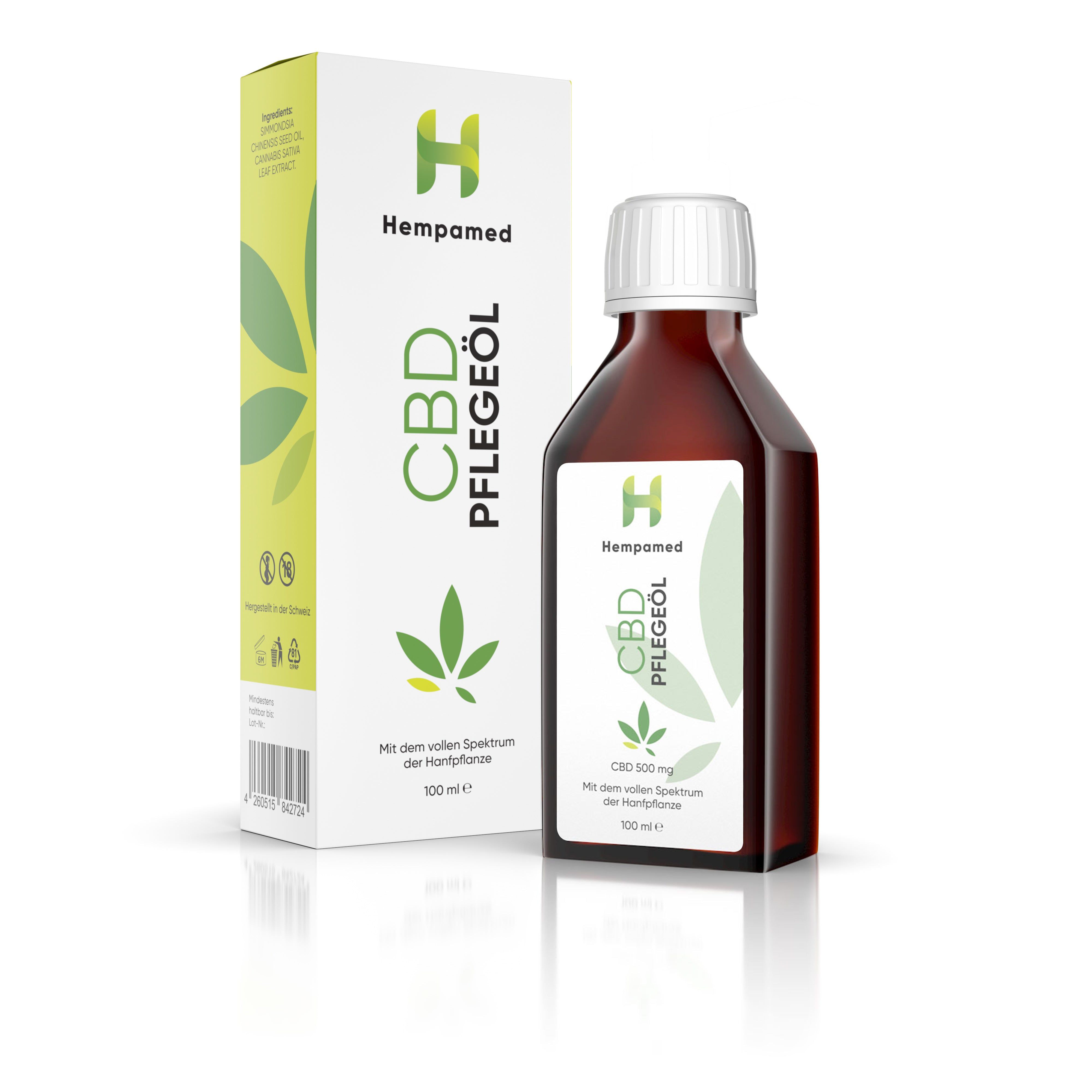 Braune Glasflasche mit weißem Deckel und Etikett. Auf dem Etikett steht "CBD Pflegeöl" und das Logo von Hempamed. Daneben steht eine Verpackung.