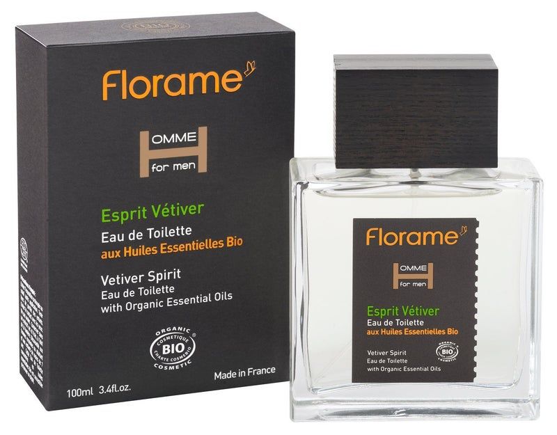 Dunkle Schachtel und quadratischer Flakon. Aufschrift: Florame, Homme for men, Esprit Vétiver, Eau de Toilette, Bio-Zertifizierung.