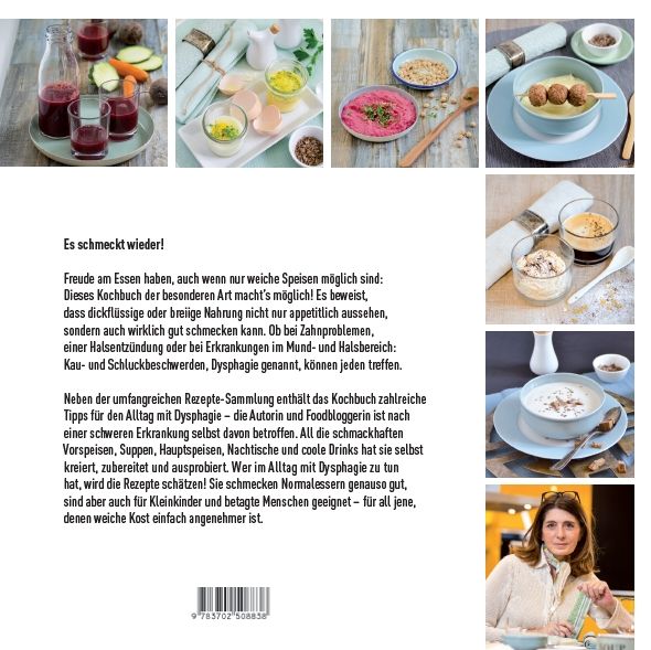 Buchcover mit Text: Es schmeckt wieder! Autorin und Foodbloggerin. Verschiedene Speisen abgebildet.