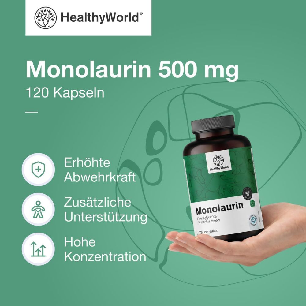 Monolaurin 500 mg Kapseln, 120 Stück in dunkler Flasche mit Etikett.