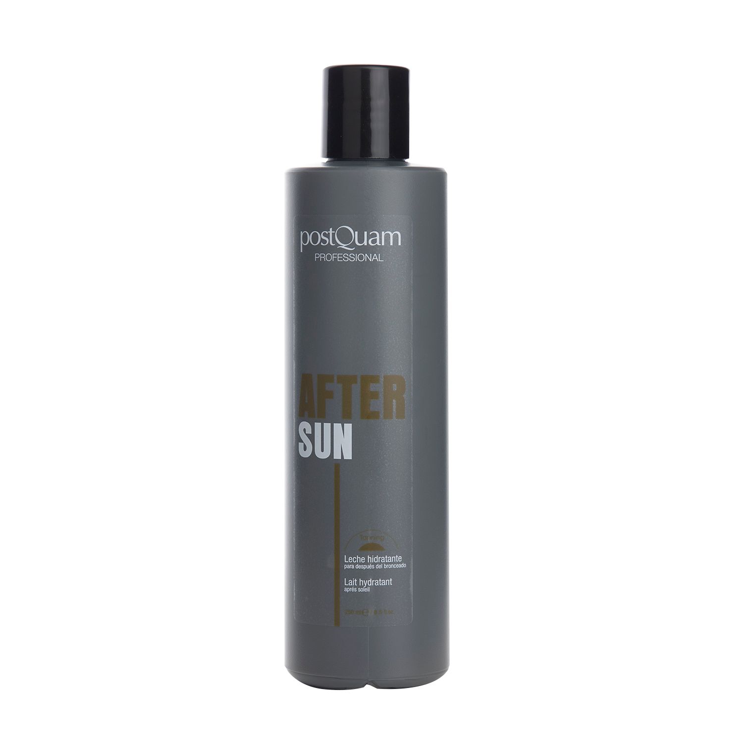 Graue Flasche mit schwarzem Deckel. Aufschrift "POSTQUAM PROFESSIONAL AFTER SUN". Text darunter: "Lait hydratant".
