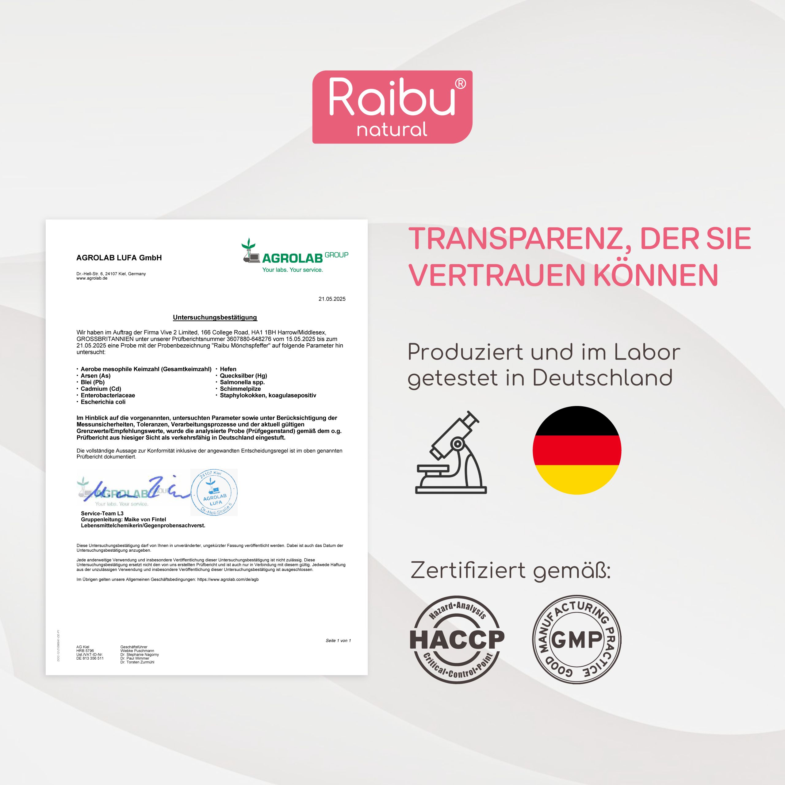 Zertifizierungsdokumente. Text: Agrolab Lufa GmbH, hergestellt und im Labor getestet in Deutschland. Zertifizierungen: HACCP, GMP.
