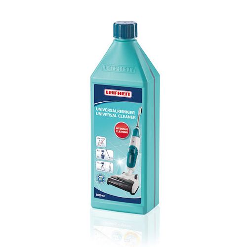 Türkisgrüne Flasche mit blauem Deckel. Aufschrift: Leifheit Universalreiniger. Abbildung eines Reinigungsgeräts.