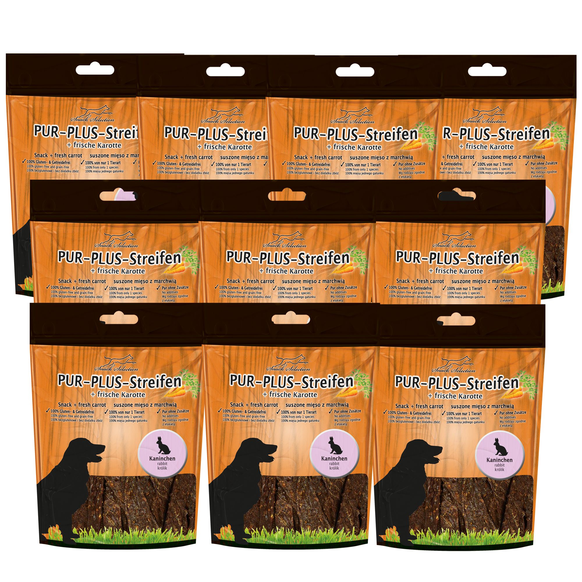 Mehrere Packungen PUR-PLUS-Streifen, frische Karotte. Gluten- und getreidefrei. Kaninchen-Snack. Stapel. Produkt für Hunde.