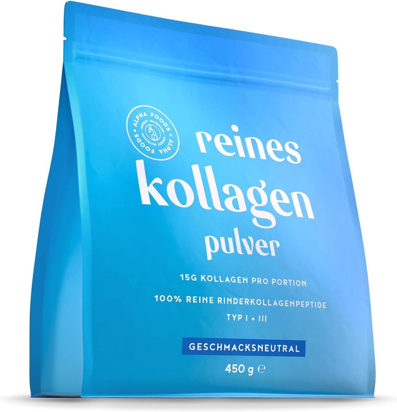 Blaues Beutel mit weißer Aufschrift. Enthält reines Kollagenpulver. Marke: Alpha Foods. 450g.