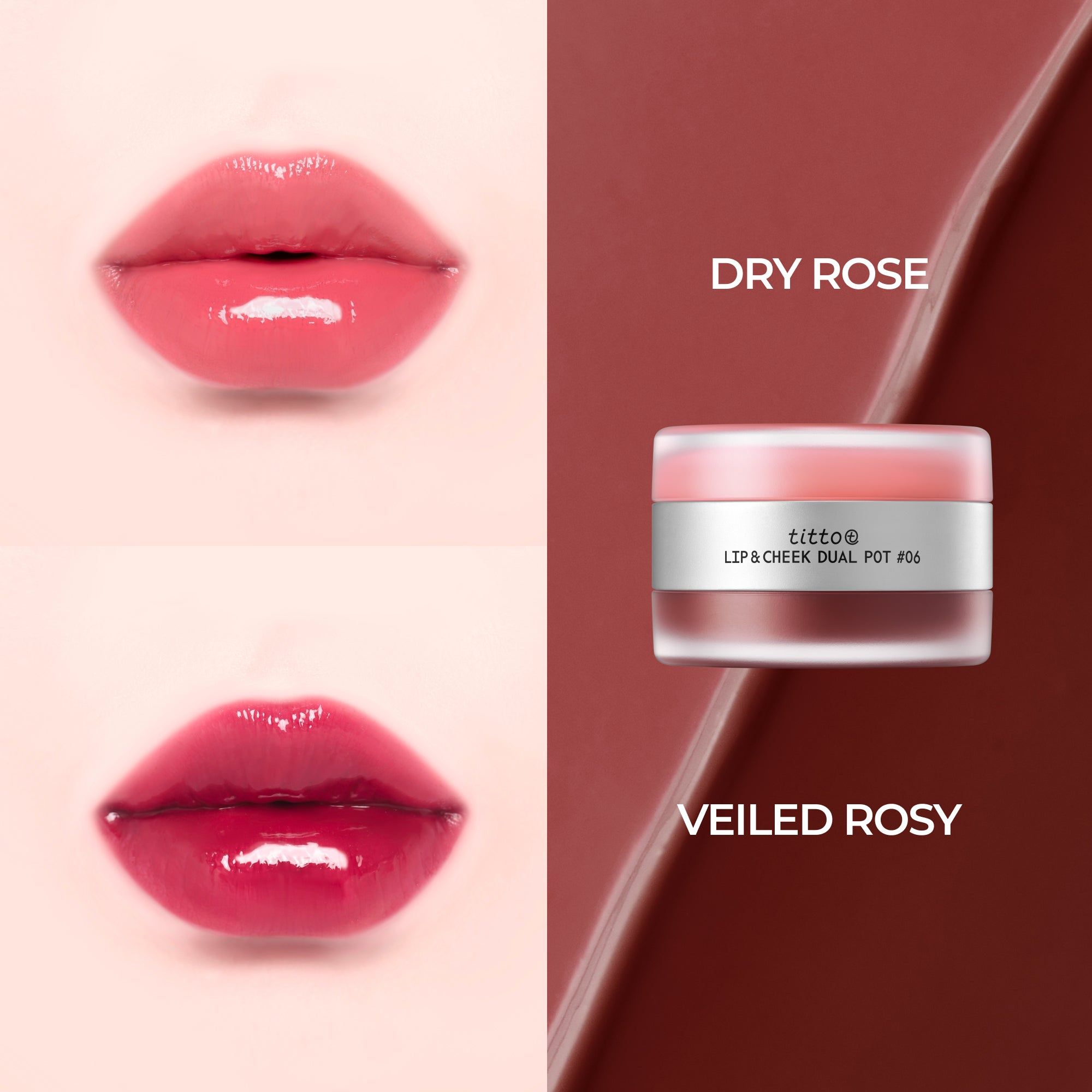 Lip & Cheek Dual Pot #06. Zwei Lippenfarben, Dry Rose und Veiled Rosy, werden gezeigt.