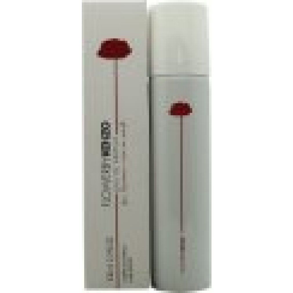 Graues Spray mit roter Blume und Schriftzug. Karton mit gleichem Design. Schriftzug: FlowerbyKenzo, Eau de Parfum, 100ml.