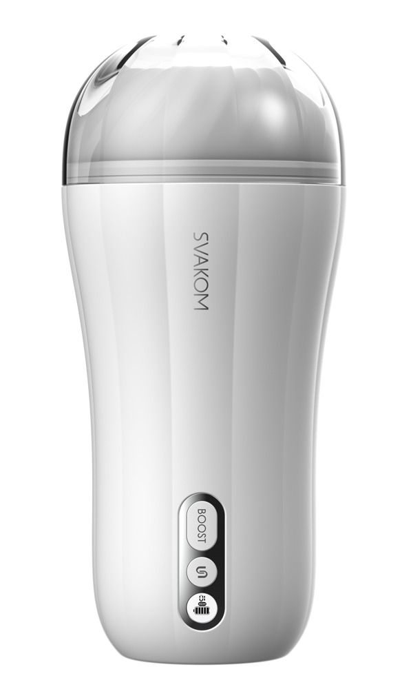 Weißes Wellness-Produkt mit transparentem Kopf. Mit Knöpfen und SVAKOM-Logo.