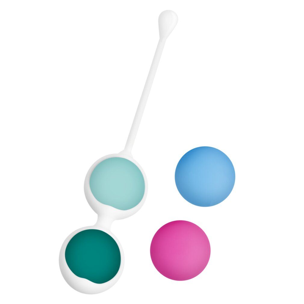 Set mit 4 Kugeln in Weiß, Türkis und Pink. Zwei Kugeln sind verbunden, zwei lose. Mit weißem Griff.