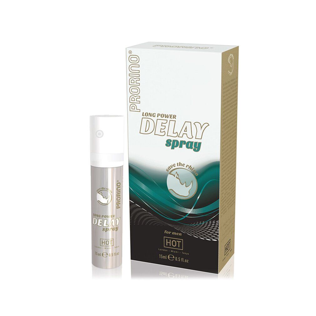 Silberne Sprayflasche und Verpackung. Text: Delay Spray, HOT, 15ml.