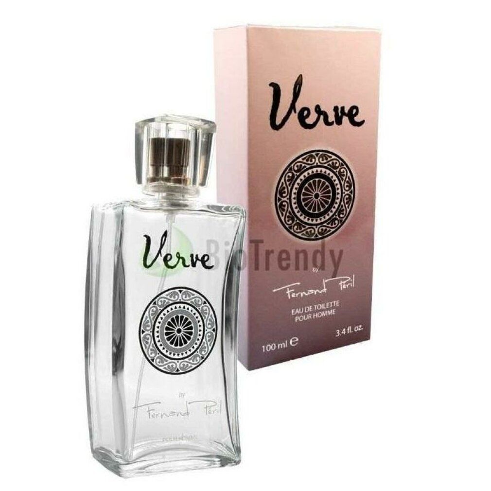 Transparenter Flakon mit eckiger Form. Aufschrift "Verve by Fernand Péril". Rosa Verpackung mit Logo.