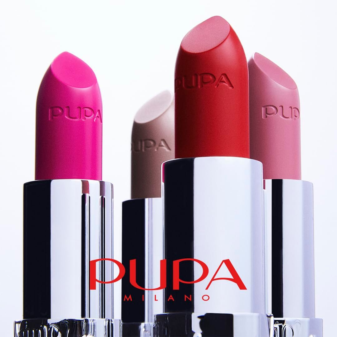 Vier Lippenstifte in verschiedenen Farben. Die Marke Pupa Milano ist auf den Lippenstiften sichtbar.