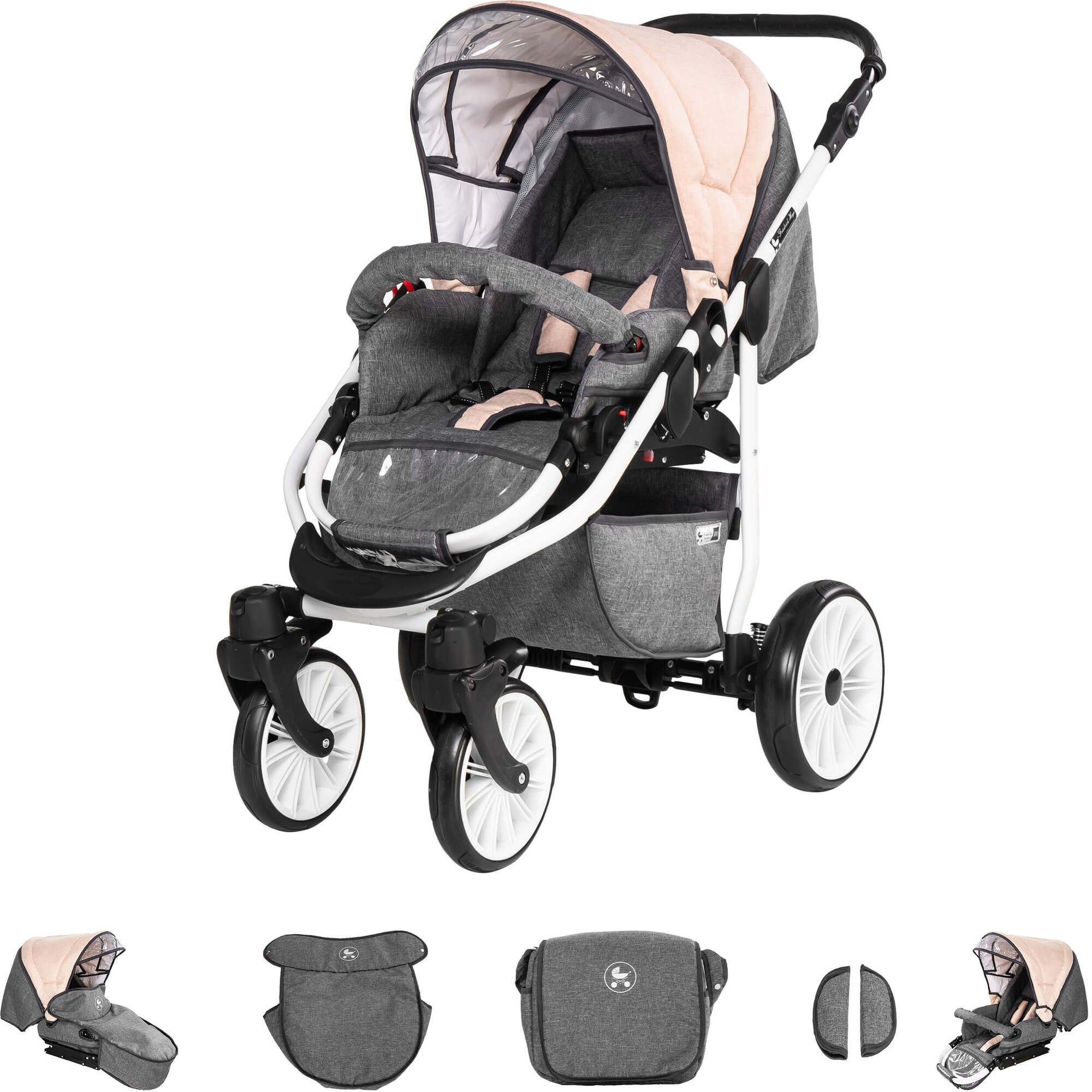 Friedrich Hugo Berlin 4 in 1 Kinderwagen Komplettset ISOFIX Basis GEL Reifen, Grey and Beige Day