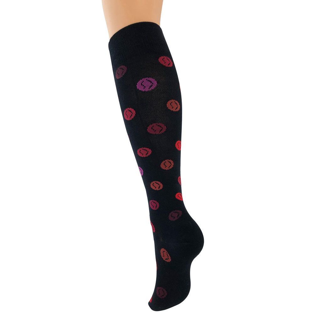 Schwarze Kniestrümpfe mit roten und violetten ovalen Mustern. Auf einem Bein präsentiert.