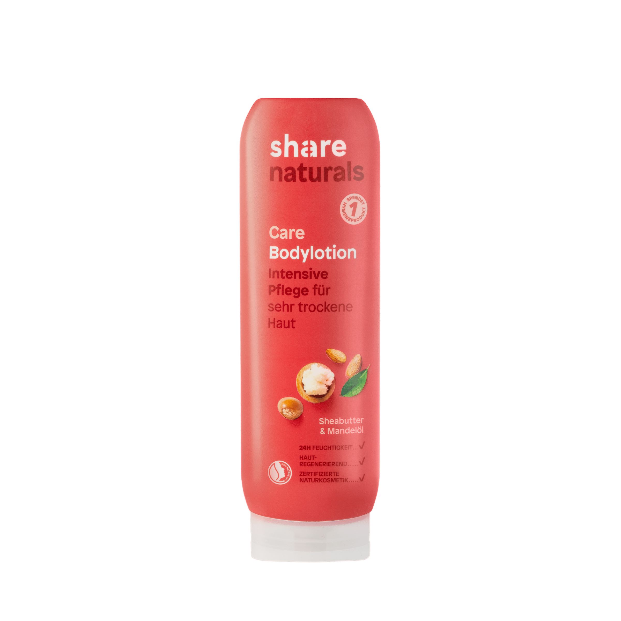 Rote Bodylotion-Tube mit weißem Deckel. Aufschrift: share naturals Care Bodylotion. Mit Shea Butter & Mandelöl.