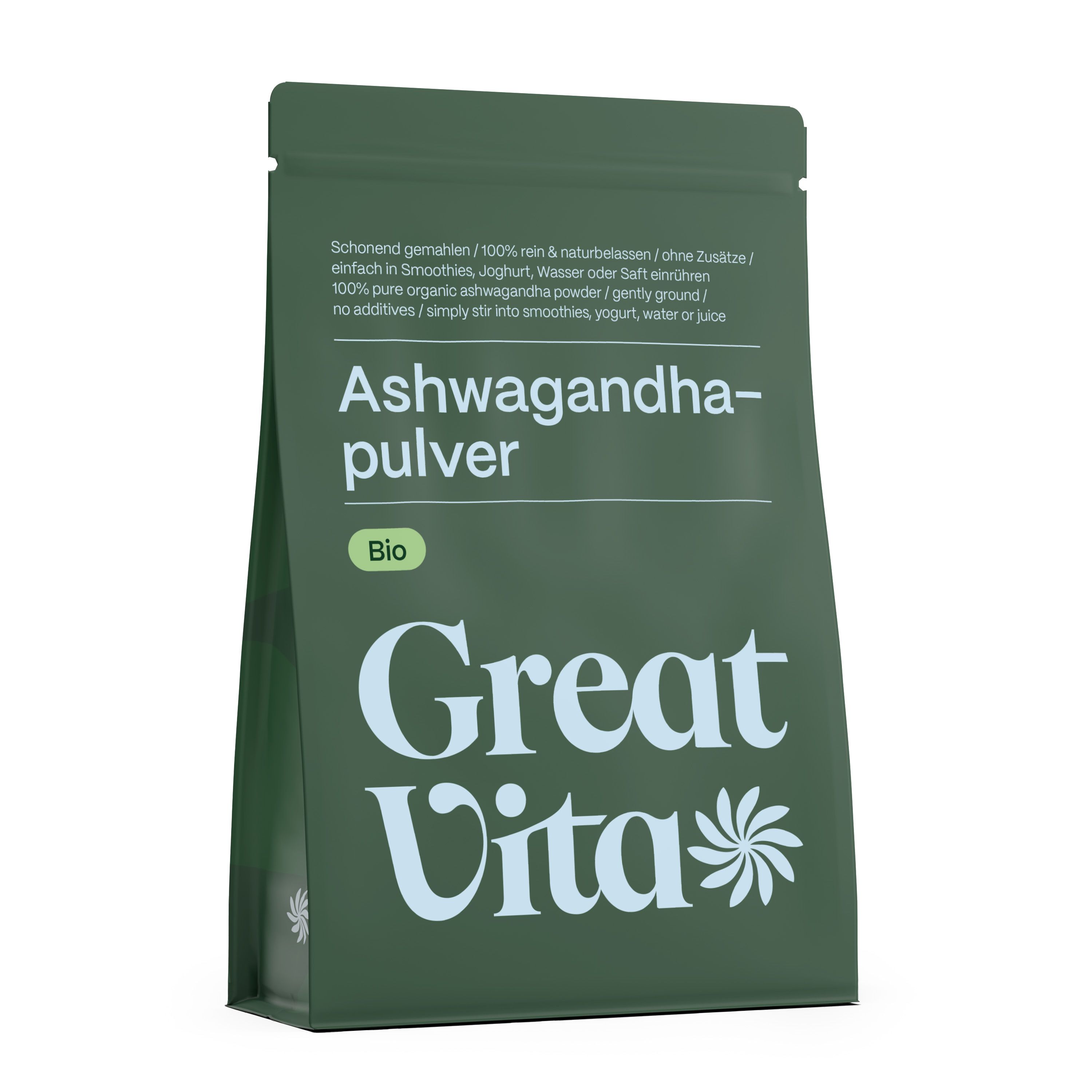 Grüne Verpackung mit Text: Ashwagandhapulver Bio, GreatVita Logo. Abgebildet ist ein Beutel.