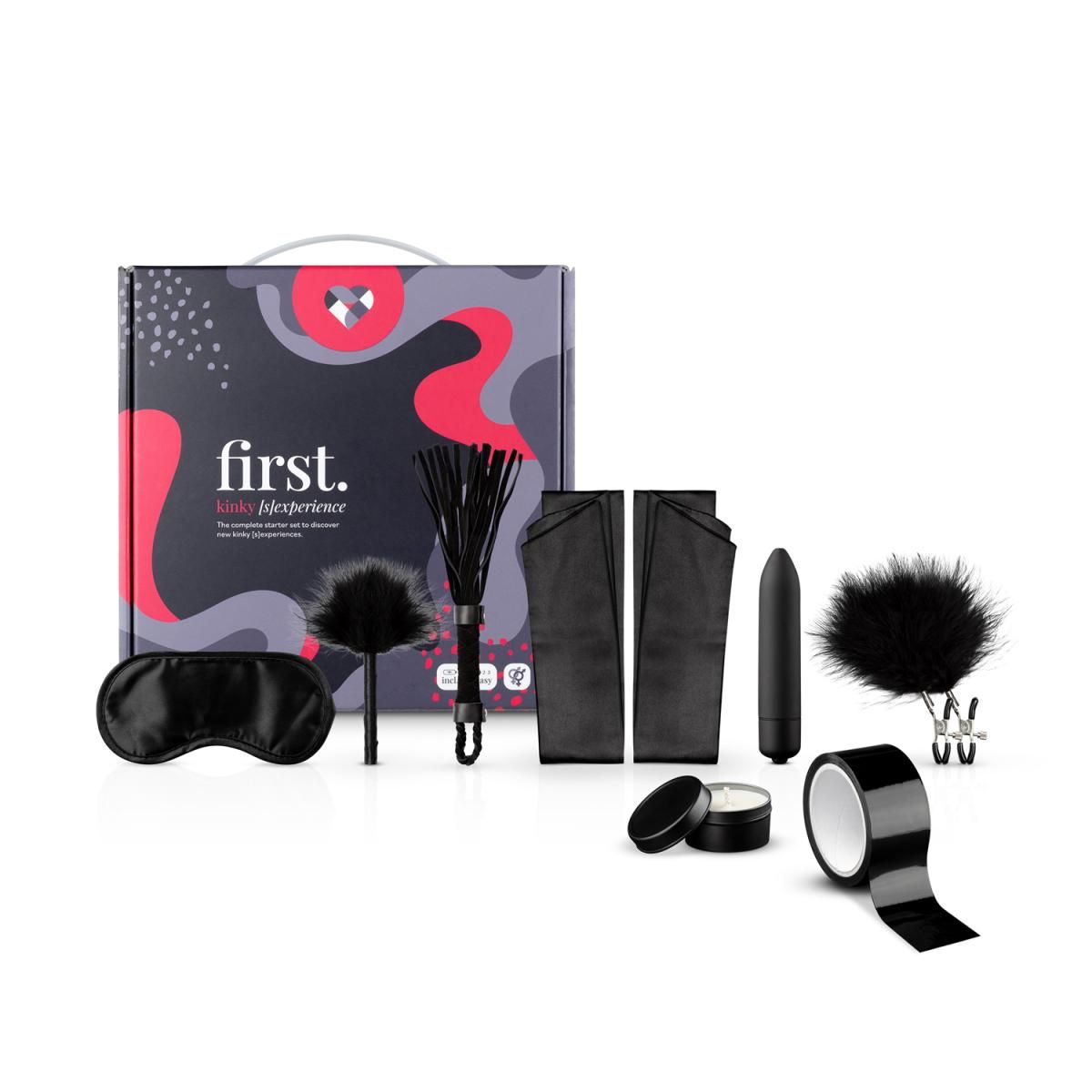 Set mit schwarzem Peitschen, Federfesseln, Augenbinde, Klebeband, Vibrator, Federschmuck, Handschellen und Creme.