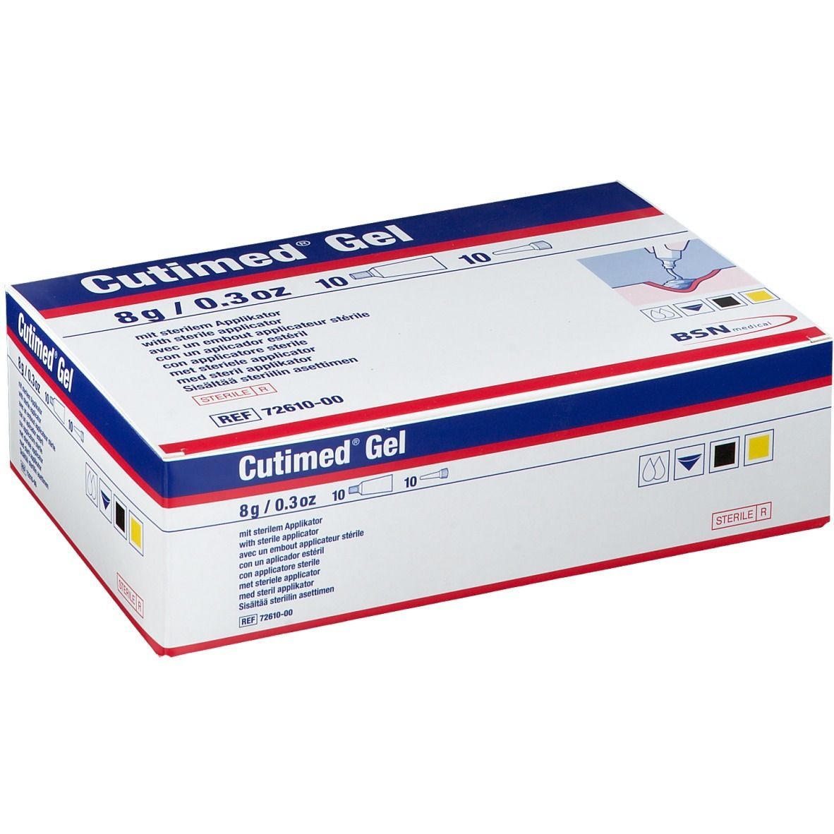 Verpackung von Cutimed® Gel. Weiß, rot und blau. Enthält 10 Applikatoren. Steril.