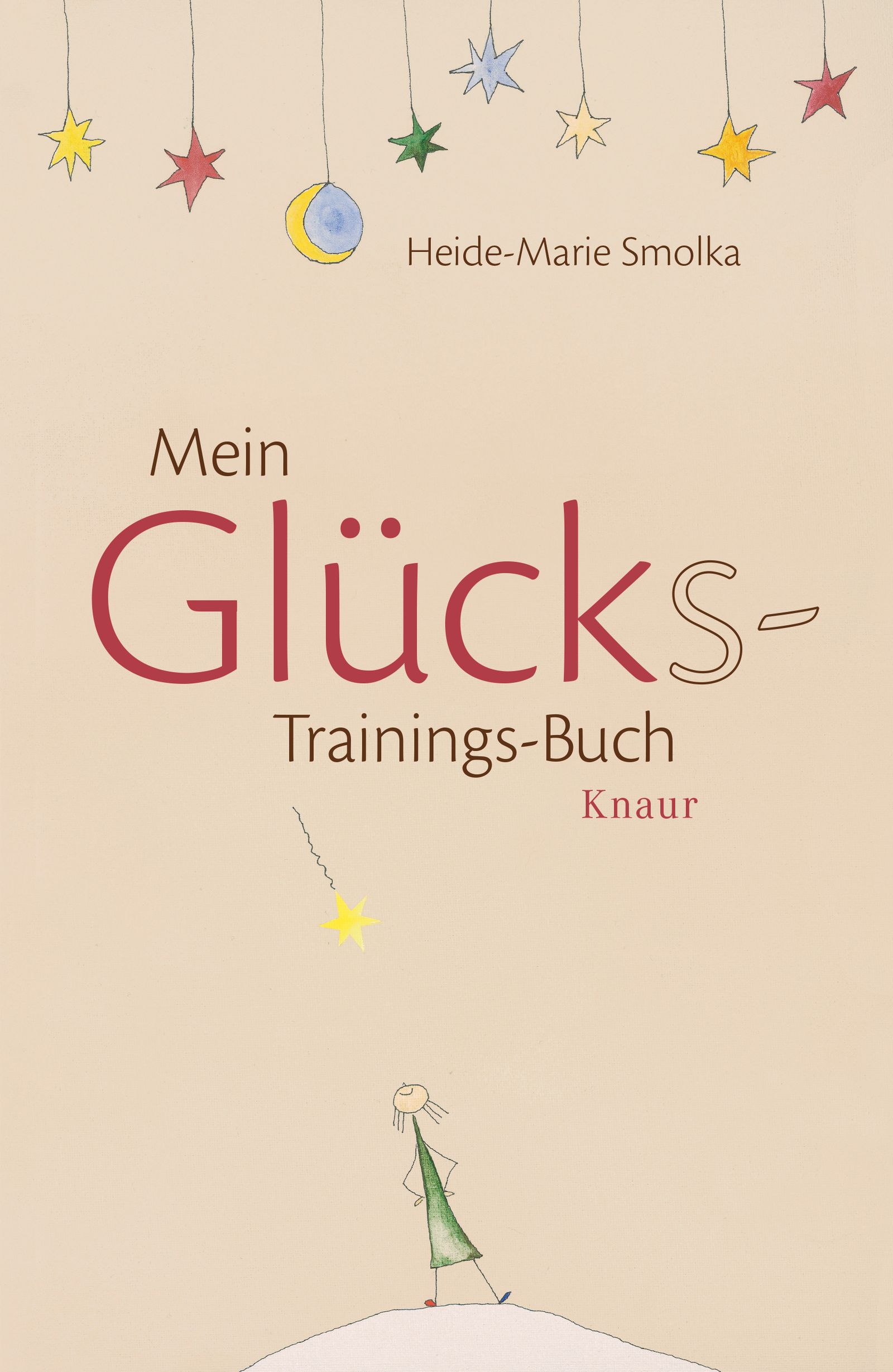 Buchcover mit Titel "Mein Glücks-Trainings-Buch" und Autorin Heide-Marie Smolka. Verlag Knaur. Illustrationen von Sternen und einer Figur.