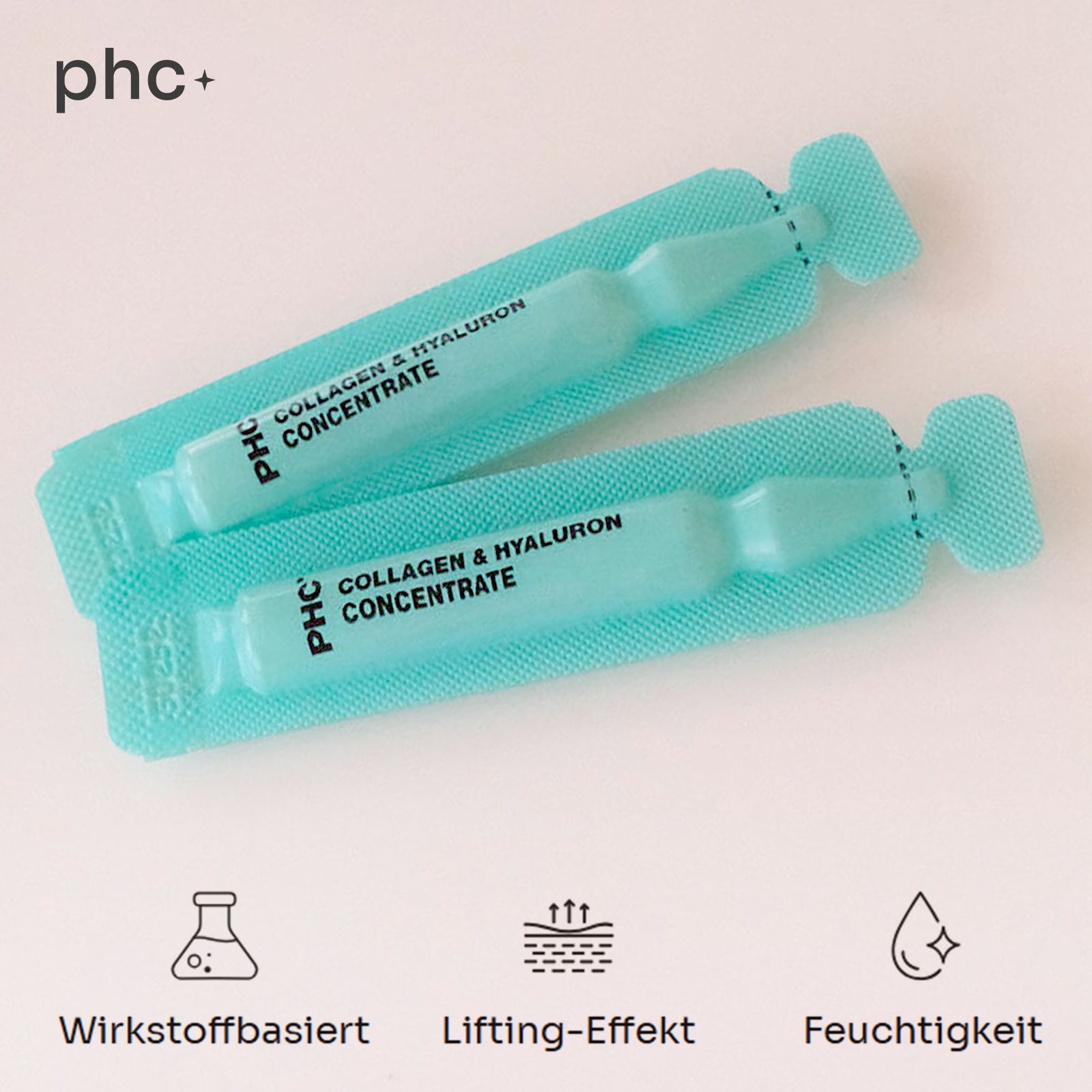 Zwei Ampullen in Verpackung. Text: PHC Collagen & Hyaluron Concentrate. Icons: Wirkstoffbasiert, Lifting-Effekt, Feuchtigkeit.