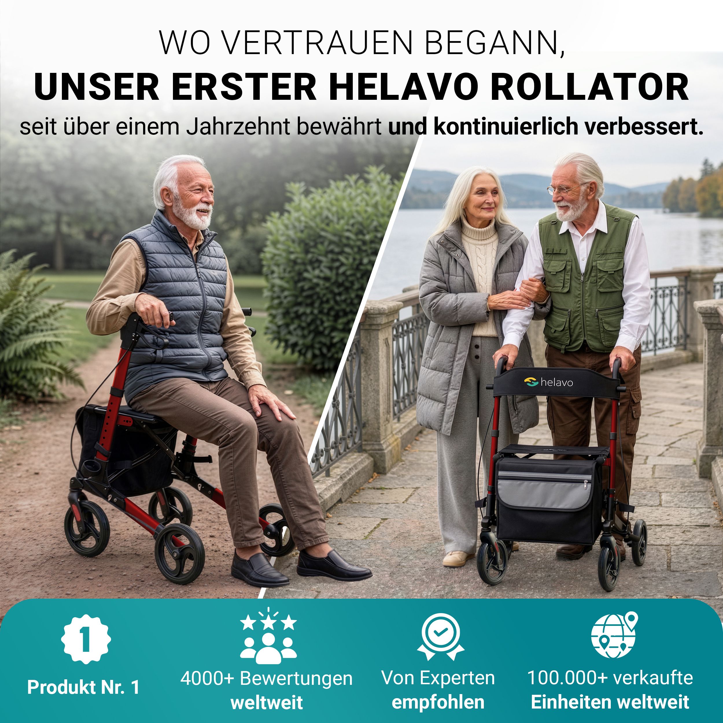 Helavo Aluminium Rollator faltbar mit Sitzfläche und Reisetasche leicht 8,3kg