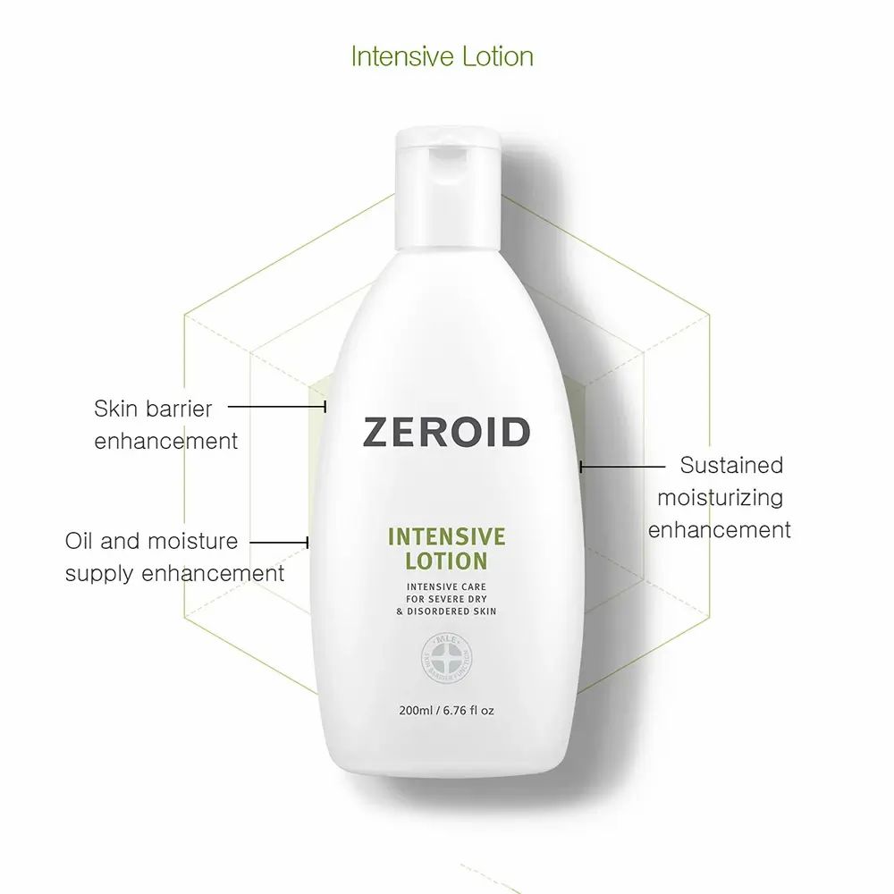 ZEROID Intensive Lotion Flasche mit Text. Diagramm mit Pfeilen und Text: Hautbarriere, Feuchtigkeit.