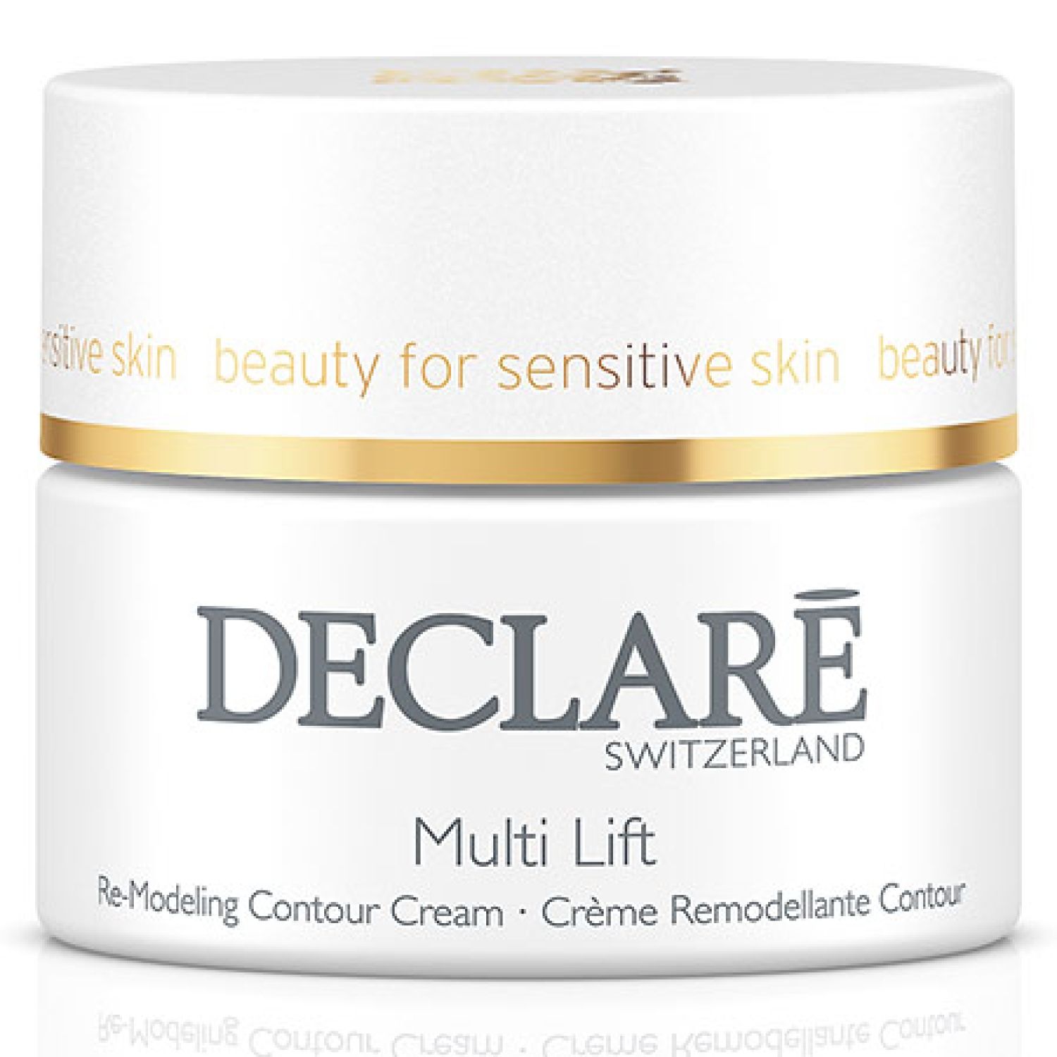 Weißer Tiegel mit goldfarbenem Deckel. DECLARÉ-Logo und Produktbezeichnung "Multi Lift" in Grau. Text: "Re-Modeling Contour Cream".