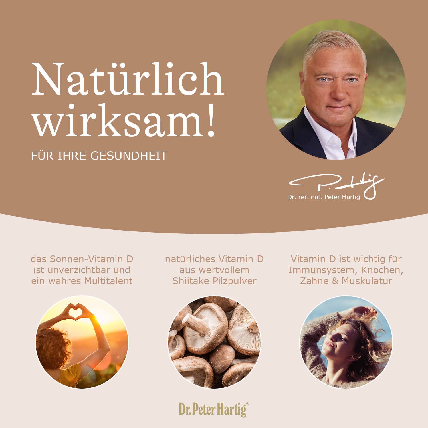 Text: Natürlich wirksam! Für Ihre Gesundheit. Bild von Mann, Pilzen, Frau. Dr. Peter Hartig.