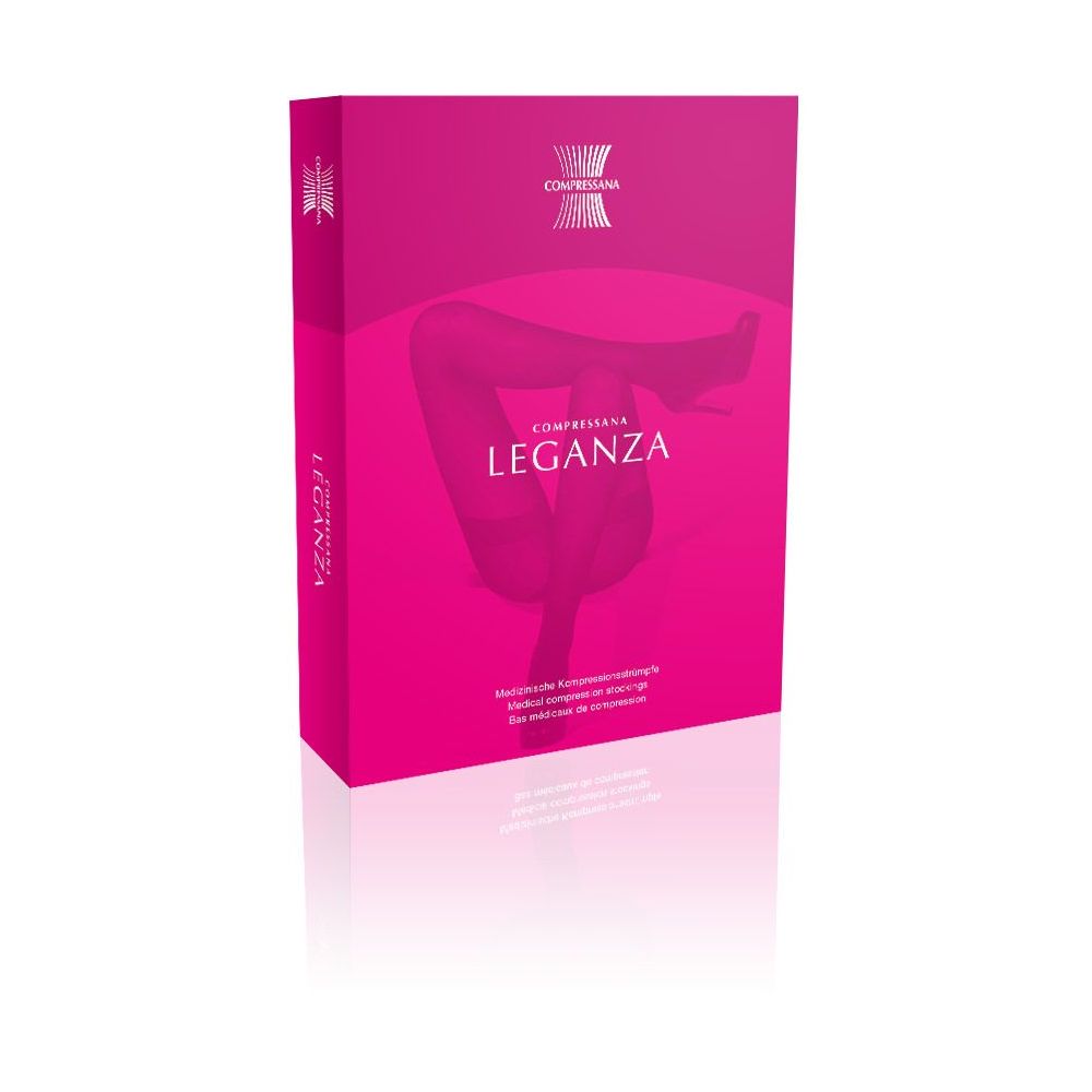 Rosa Verpackung. Aufschrift: Compressana Leganza. Abbildung einer Strumpfhose. Text in Deutsch.