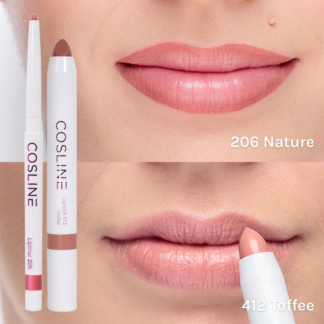 Oben: Lippenstift 'Nature 206'. Unten: Lippenstift 'Toffee 412' auf Lippen.
