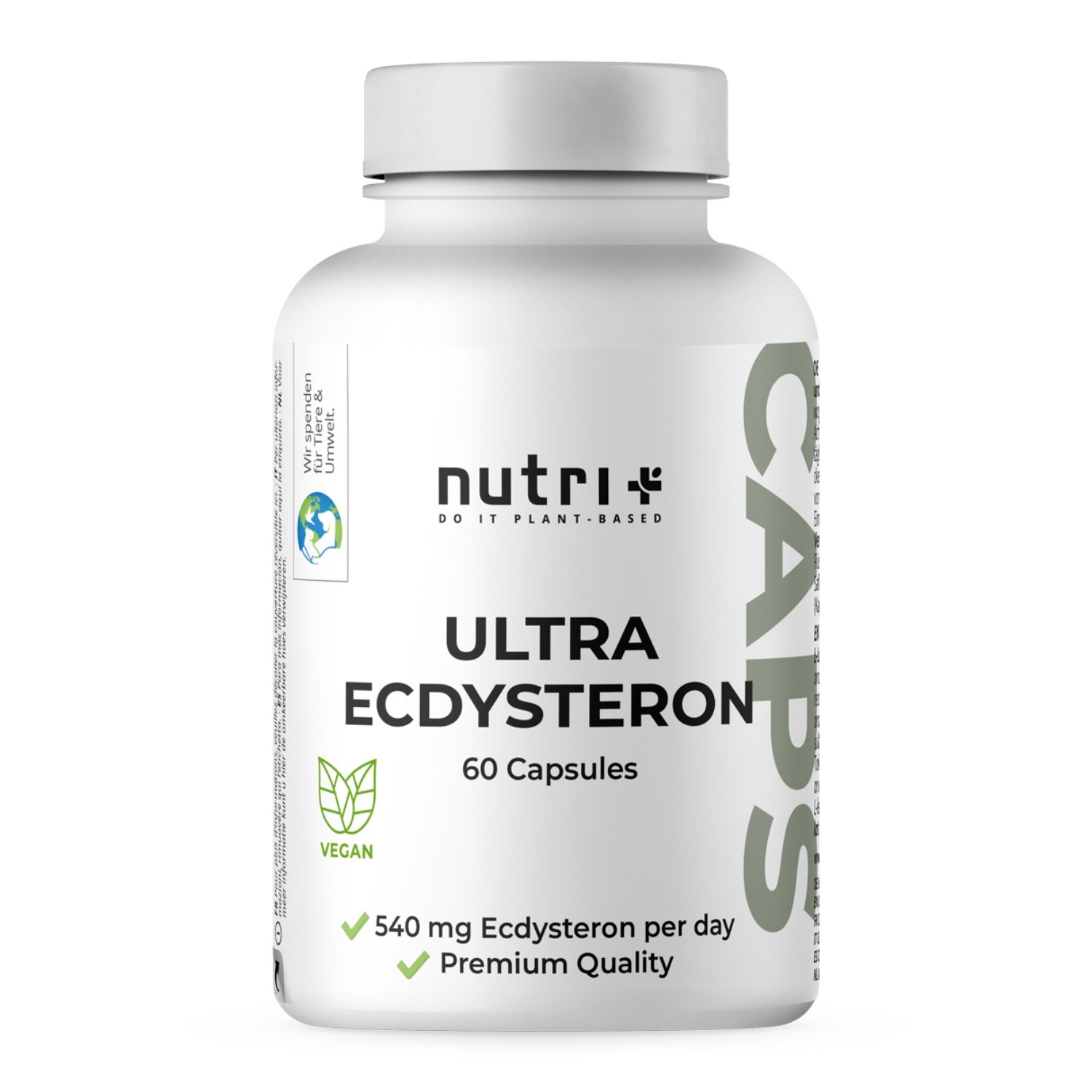 Weiße Flasche mit Kapseln. Aufschrift: Ultra Ecdysteron, 60 Kapseln. Vegan-Siegel. 540 mg Ecdysteron pro Tag. Premium Qualität.