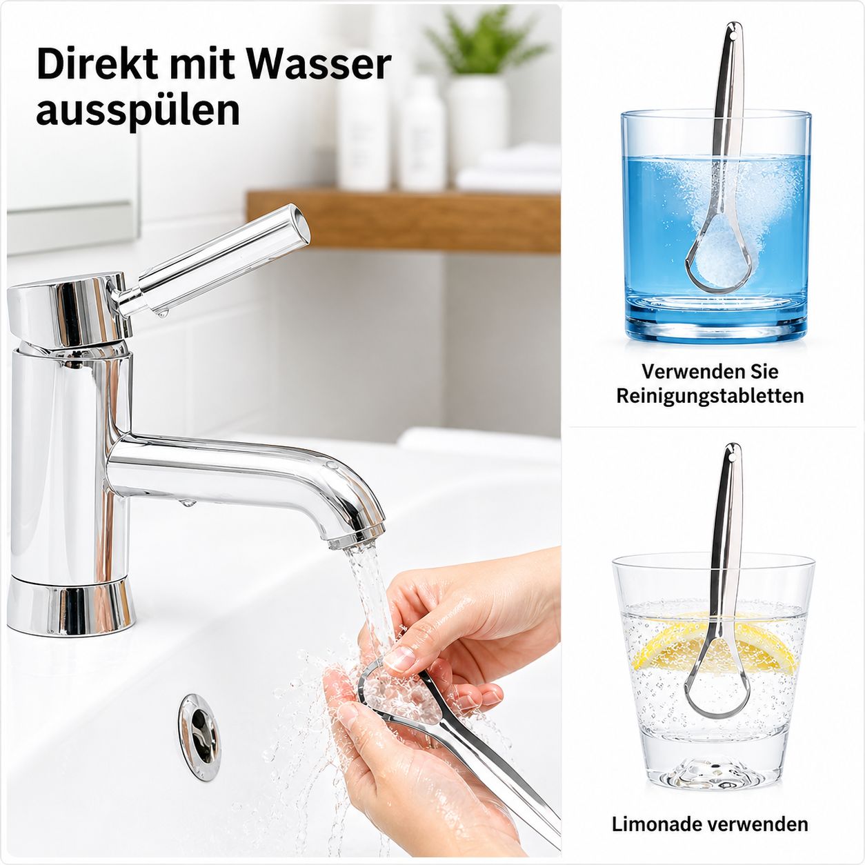 Zungenschaber wird unter fließendem Wasser und in Gläsern mit Wasser und Zitrone gereinigt.