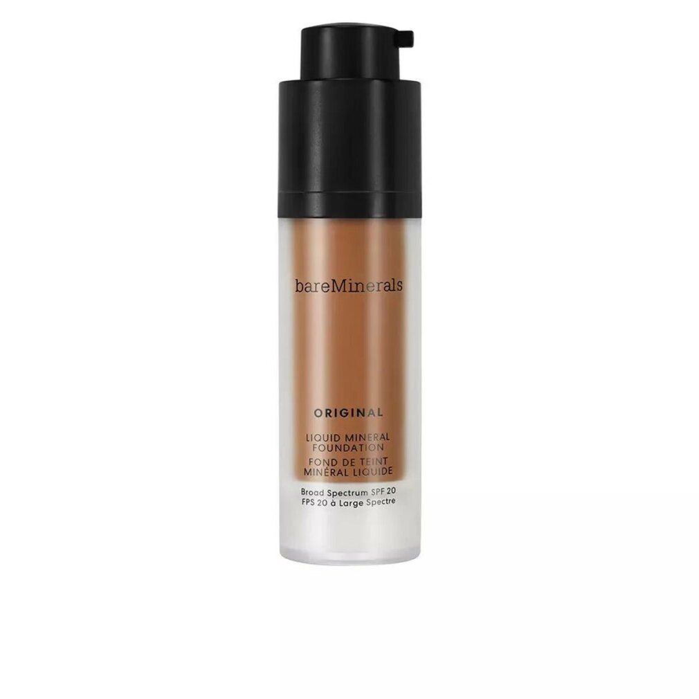 Flüssigfoundation in einer transparenten Flasche mit schwarzem Pumpverschluss. Aufschrift: ORIGINAL, Liquid Mineral Foundation, SPF 20.