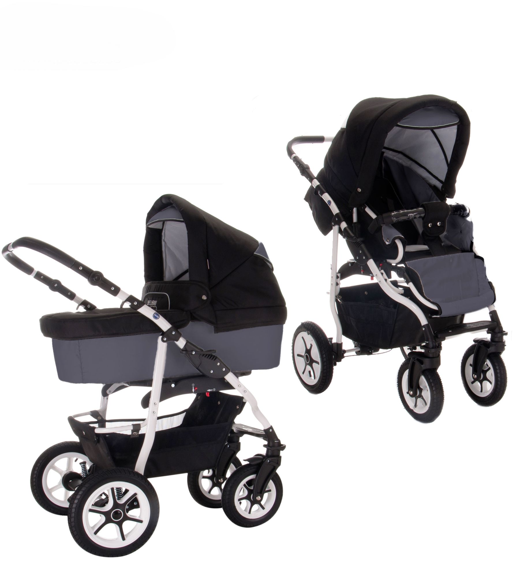 Kombikinderwagen, schwarz-grau, mit Hartgummireifen. Zwei Ansichten: Babywanne und Sportsitz.