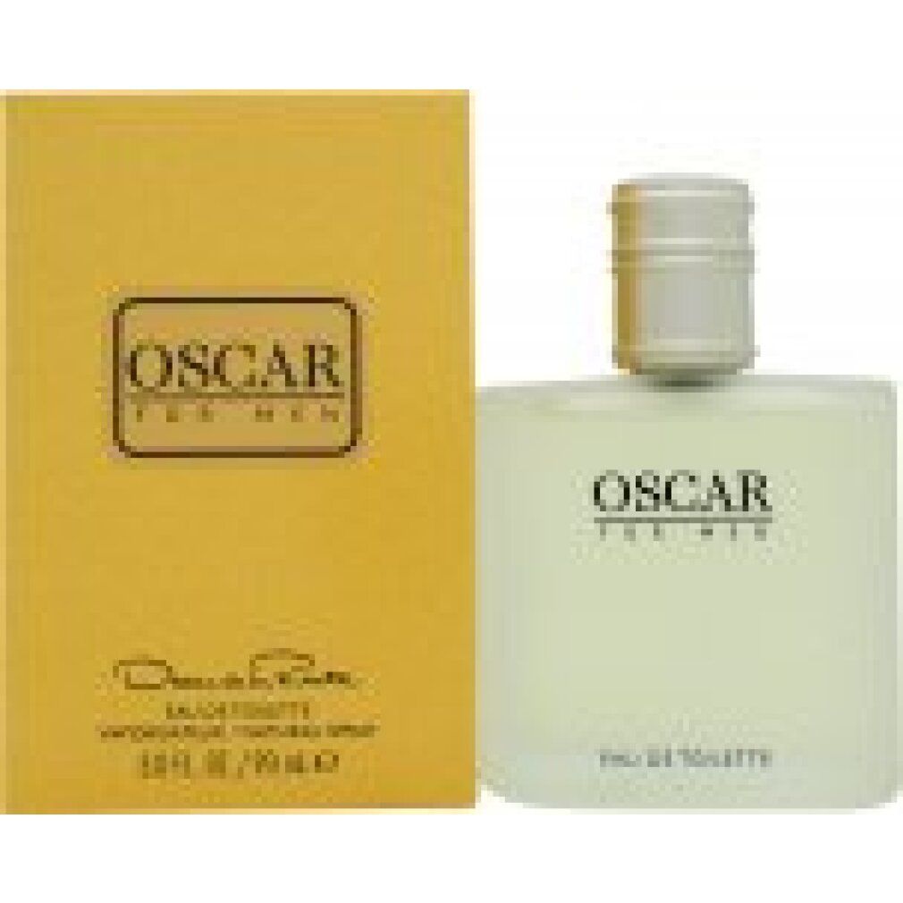 Gelbe Schachtel und rechteckige Flasche. Auf der Flasche: "OSCAR FOR MEN". Auf der Schachtel: "Oscar de la Renta".