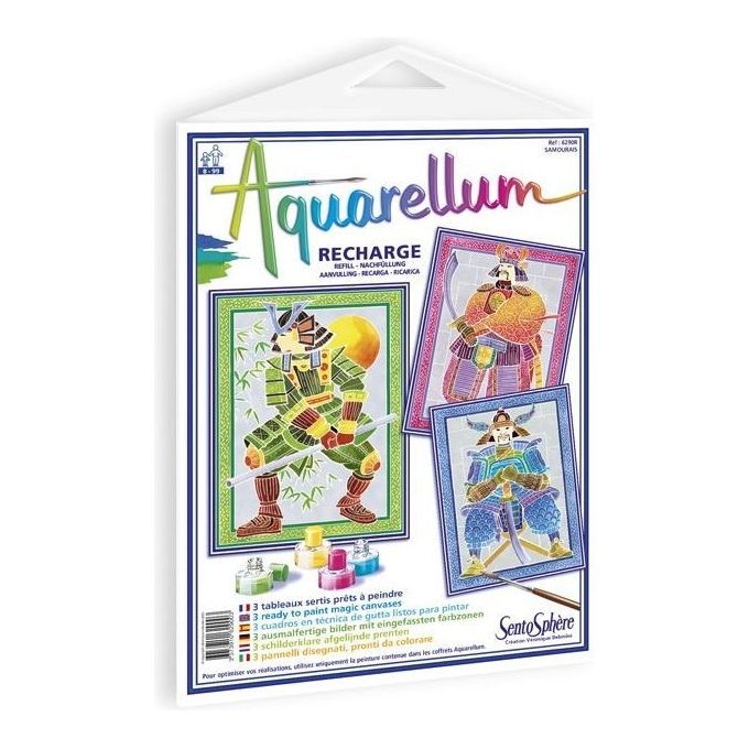 Set di ricarica Aquarellum. Contiene 3 quadri, vernici e pennello. Confezionato in una custodia triangolare bianca.