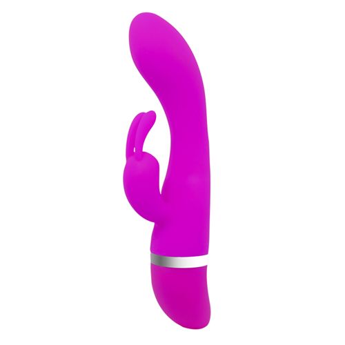 Ein pinkfarbener Vibrator mit Hasenohren-Design. Er hat eine gebogene Form mit einem silbernen Ring am unteren Ende.