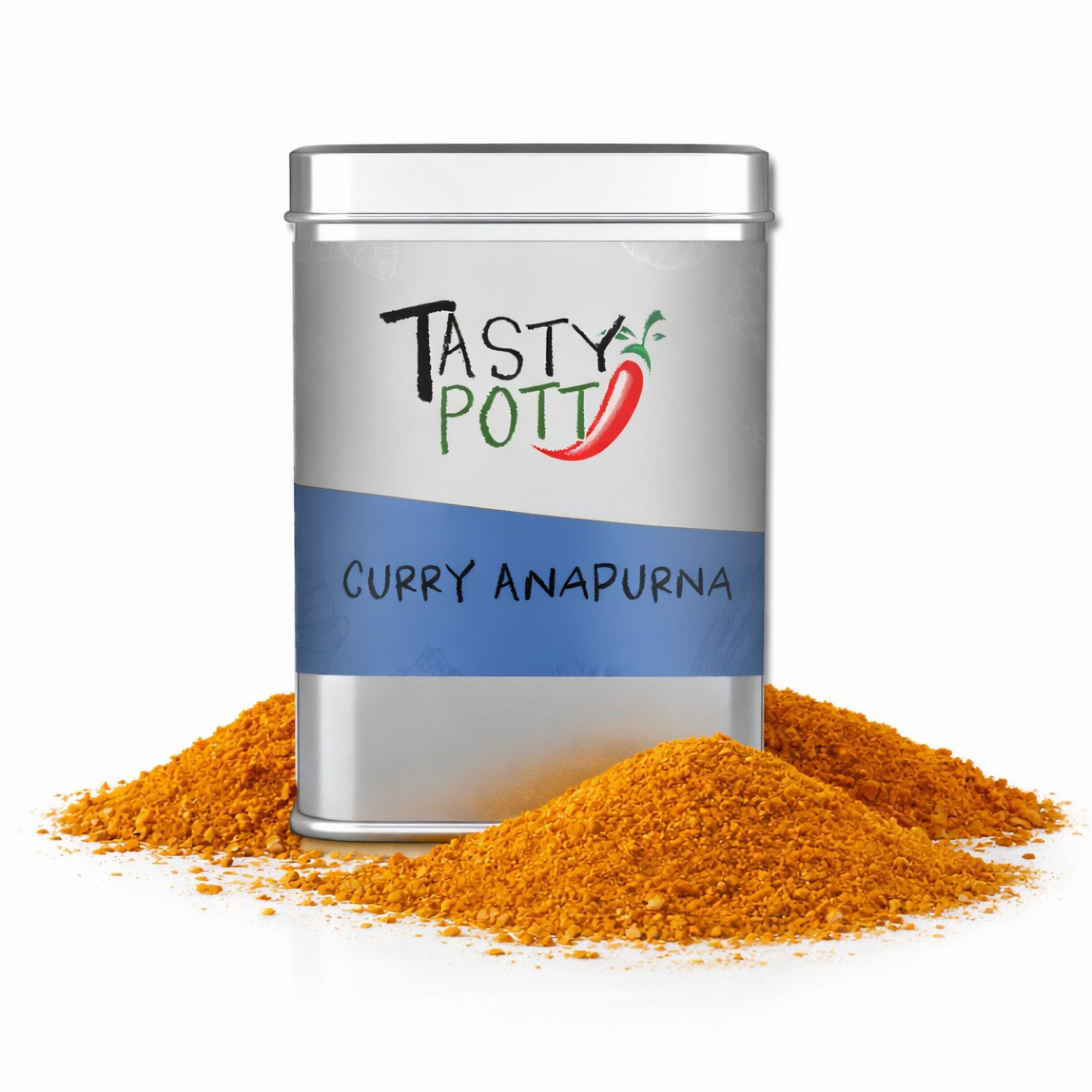 Silberne Dose mit Curry Anapurna Pulver und Logo. Currypulver liegt daneben.