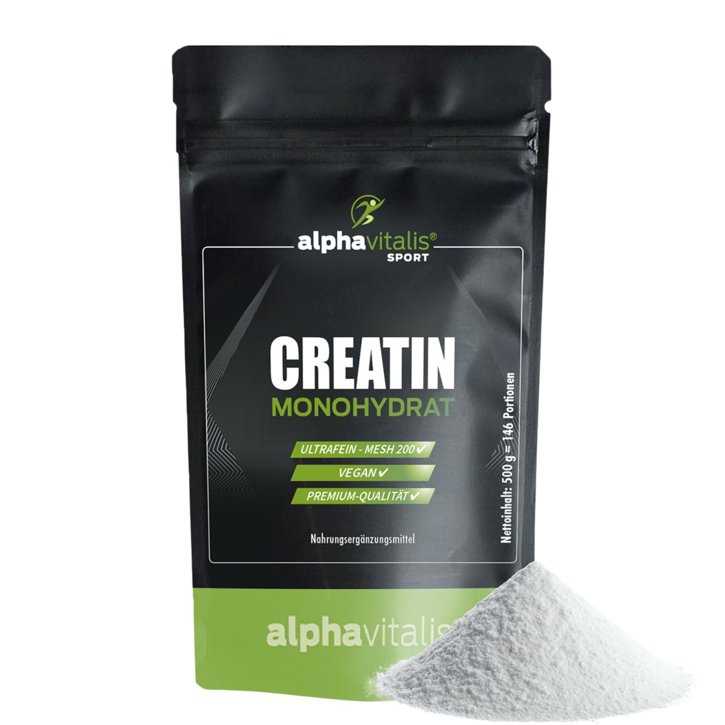 Schwarze Verpackung mit "Creatin Monohydrat". Pulver daneben. Text: Ultrarein - MESH 200, Vegan, Premium Qualität.